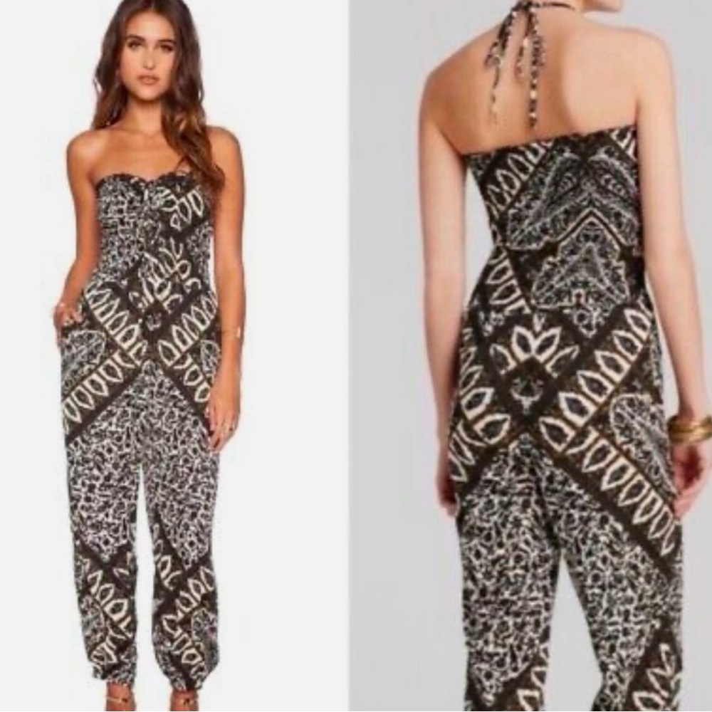 Free People Balloon Gauzy Smocked Strapless Black and White Jumpsuit. Size Small